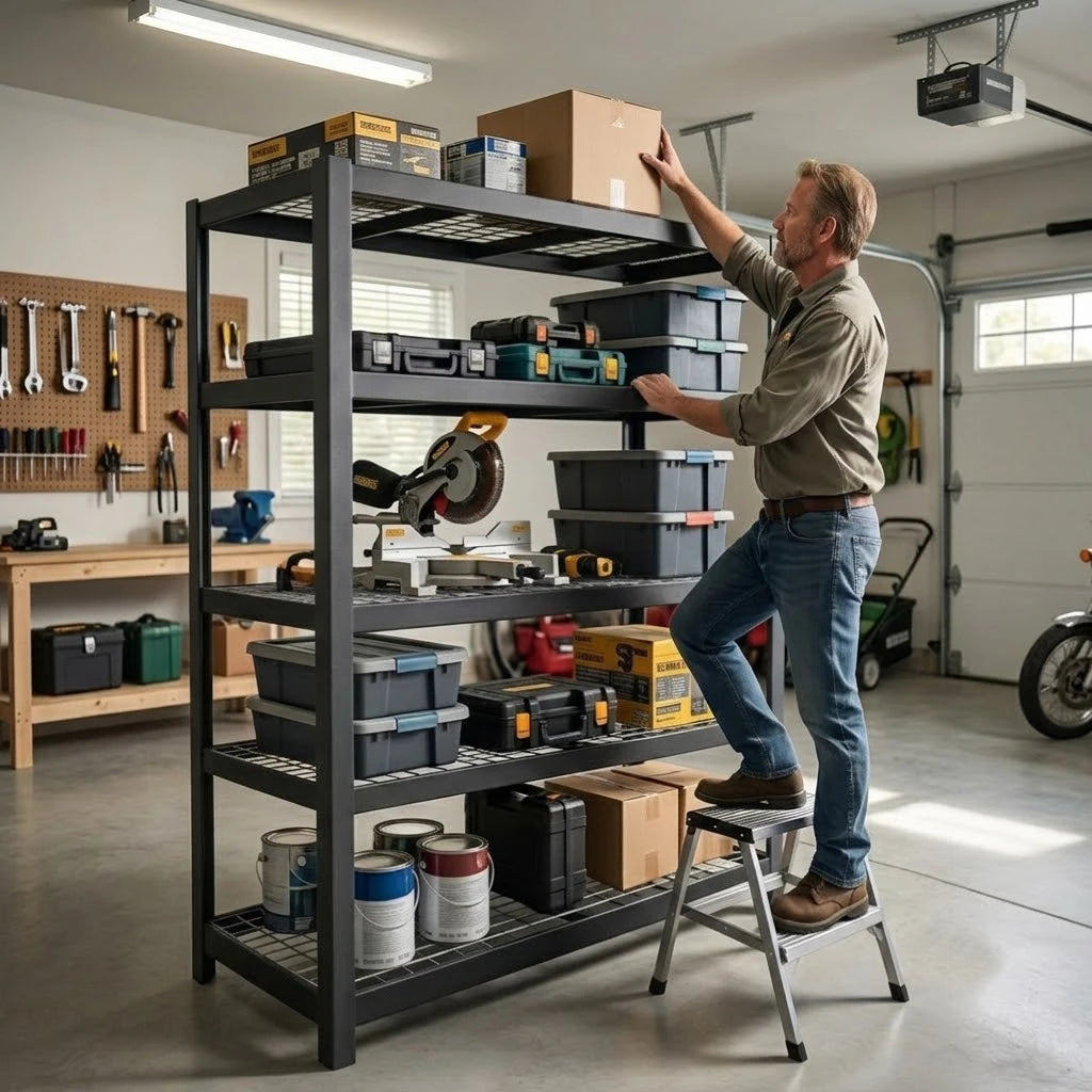 5 Tier Wide Mesh Steel Storage Shelf Heavy Duty Garage Organizer Rack, Upgraded Thick Double Folded Edge Frame No Deform, Adjustable Height Metal Shelving for Garage Basement Workshop Warehouse Home Tool Storage