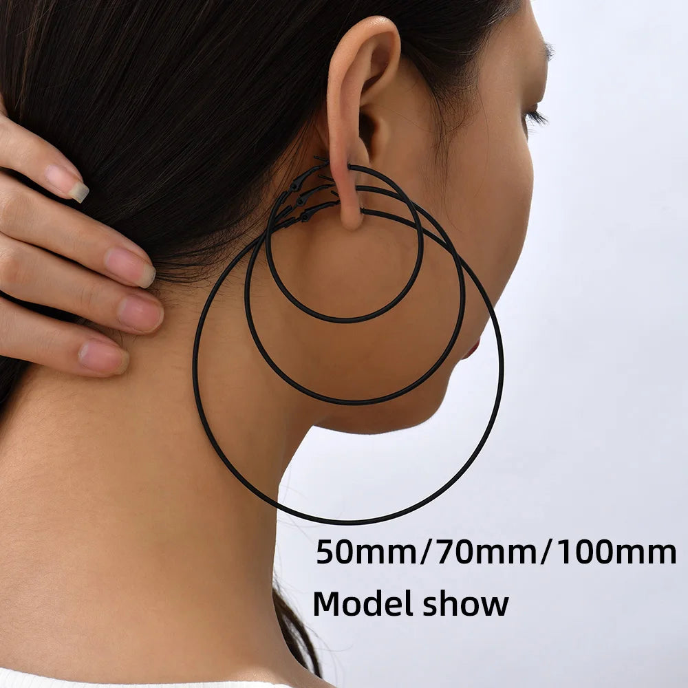 5 Sizes Stainless Steel Black Round Circle Hoop Earrings for Women Punk Exaggerated Smooth Statement Earring Gothic Jewelry Gift