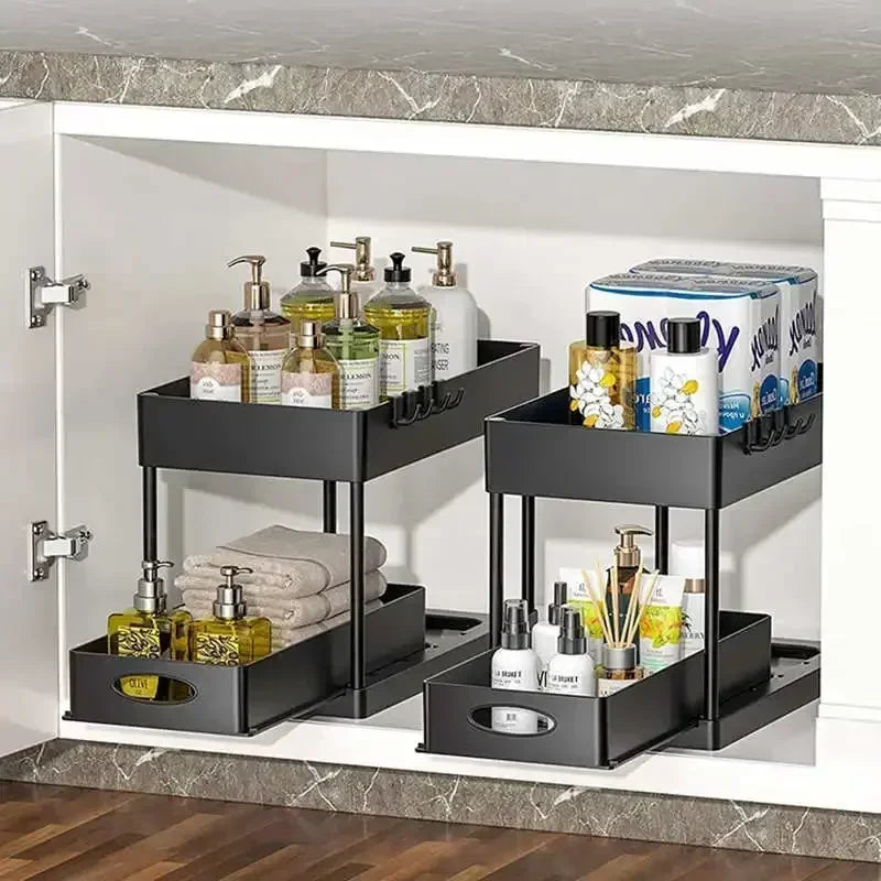 Kitchen Bathroom Under Sink Organizer 2-Tier Sliding Storage Basket Multipurpose Shelf with Hanging Cup and Hook Accessories