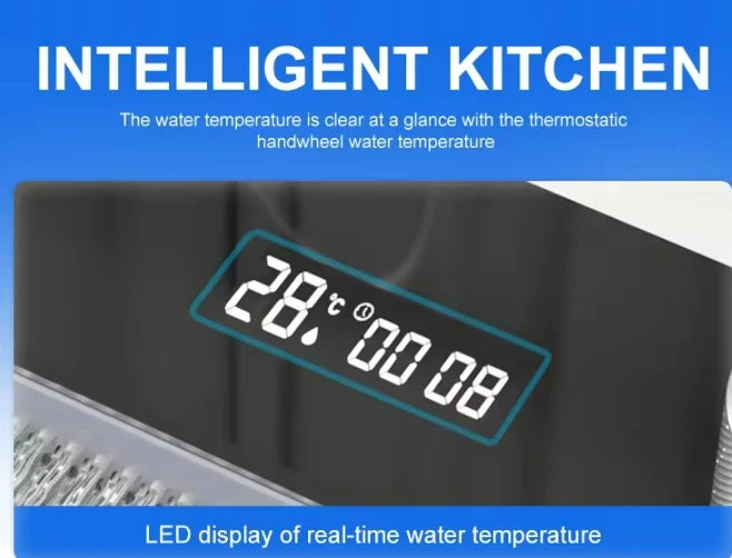 Stainless Steel Large Single Slot Bionic Honeycomb Black Wash Top Mount / Apron Front Smart Kitchen Sink with Waterfall Faucet