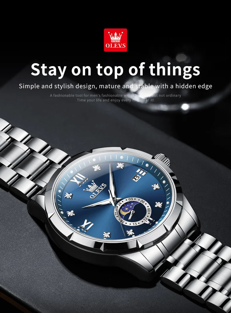 OLEVS 2956 Mens Watch Business Original Quartz Watch Large Dial Waterproof Luminous Automatic Date Moon Phase Watches For Man