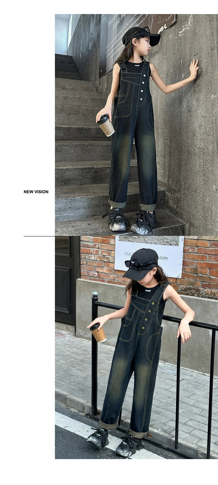 Elegant Children Jeans Jumpsuit with Broken Holes For Girls Fashion Overalls Streetwear Kids Denim Suspenders Pants With Strap