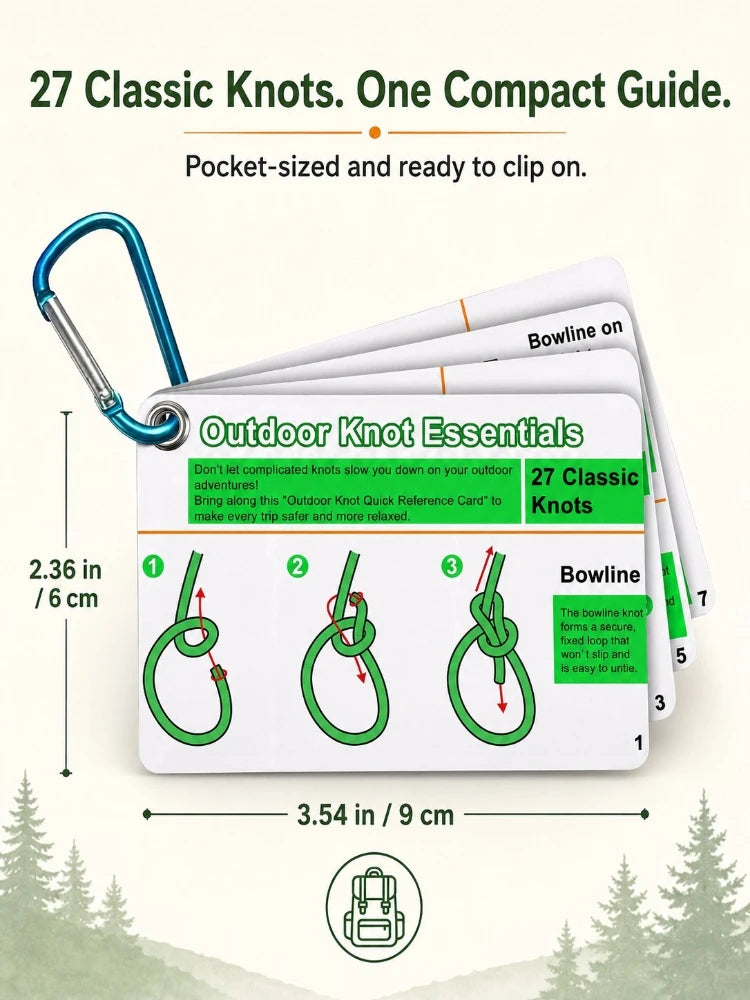 Outdoor Knot Tying Guide Cards Waterproof Plastic Reference Carabiner Survival Emergency Tools For Hikers Campers Scouts Gifts