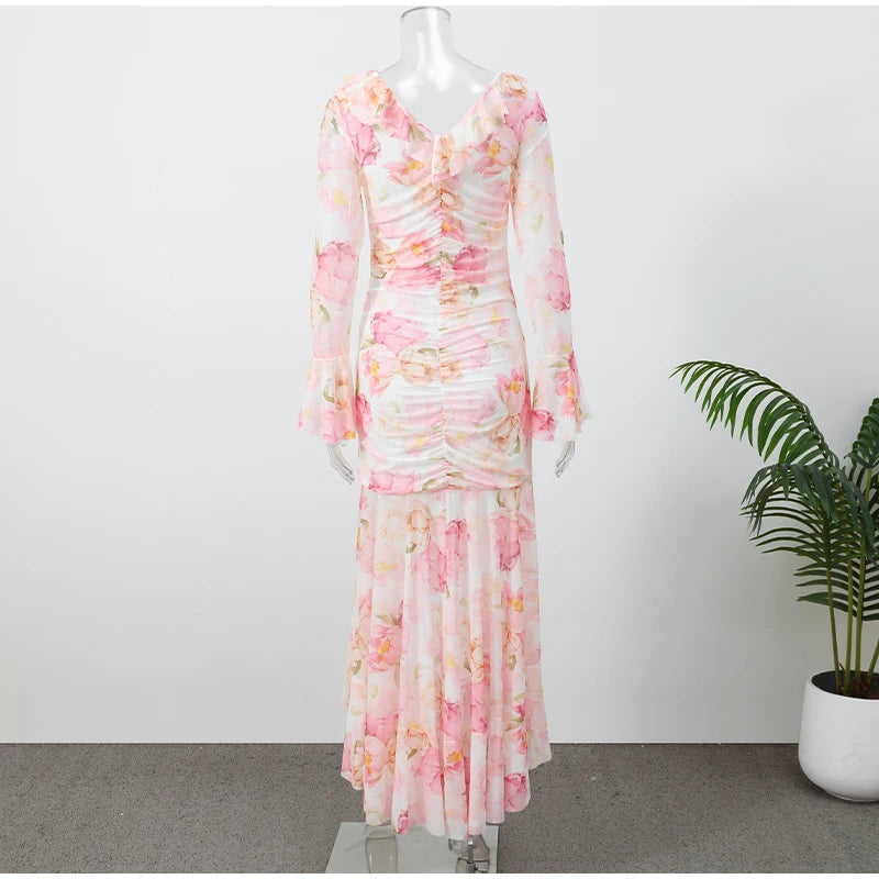 Women Pink Floral Print Maxi Dress Elegant V Neck Ruffle Trim Flare Sleeve Ruched High Chiffon Dresses 2026 Lady Party Vestido