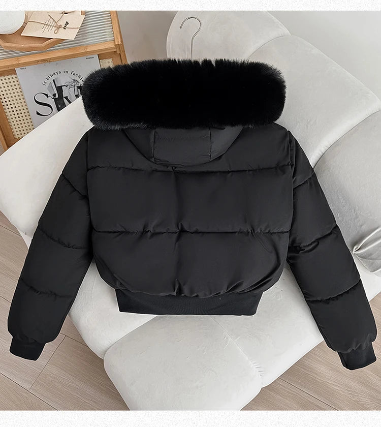 Women's Short Thickened Winter Cotton Jacket Quilted Coat Fur Collar American Retro Style Warm Casual Fashion Regular Fit
