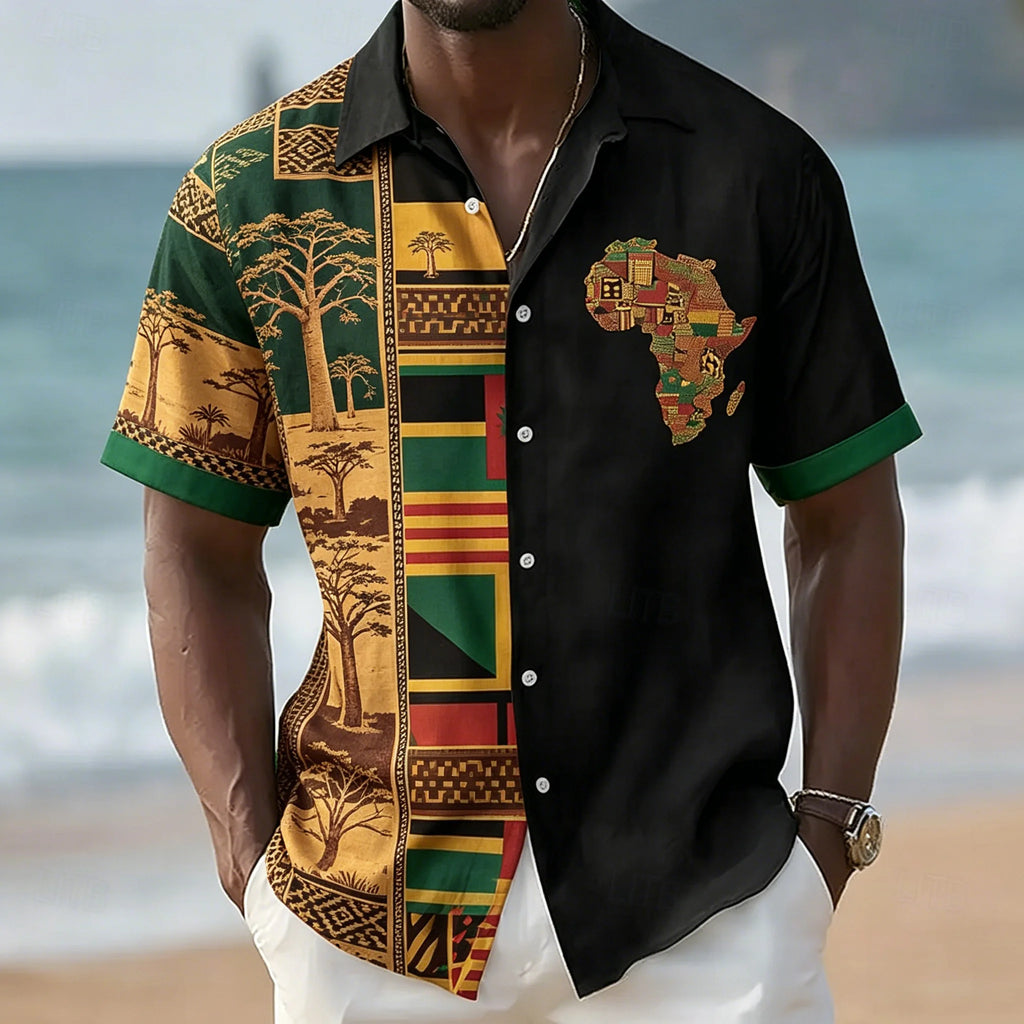 Men's African Map Mosaic Print Short Sleeve Shirt Ethnic Geometric Pattern Casual Button Down Top for Spring & Summer