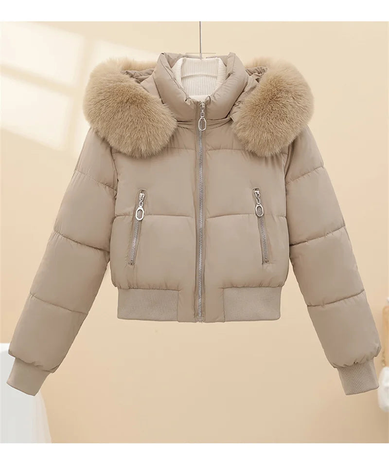 Women Winter Cotton Coat Short Fur Collar Hooded Outerwear Windproof Warm Long Sleeve Jacket Solid Color Slim Fit Lady Down Coat