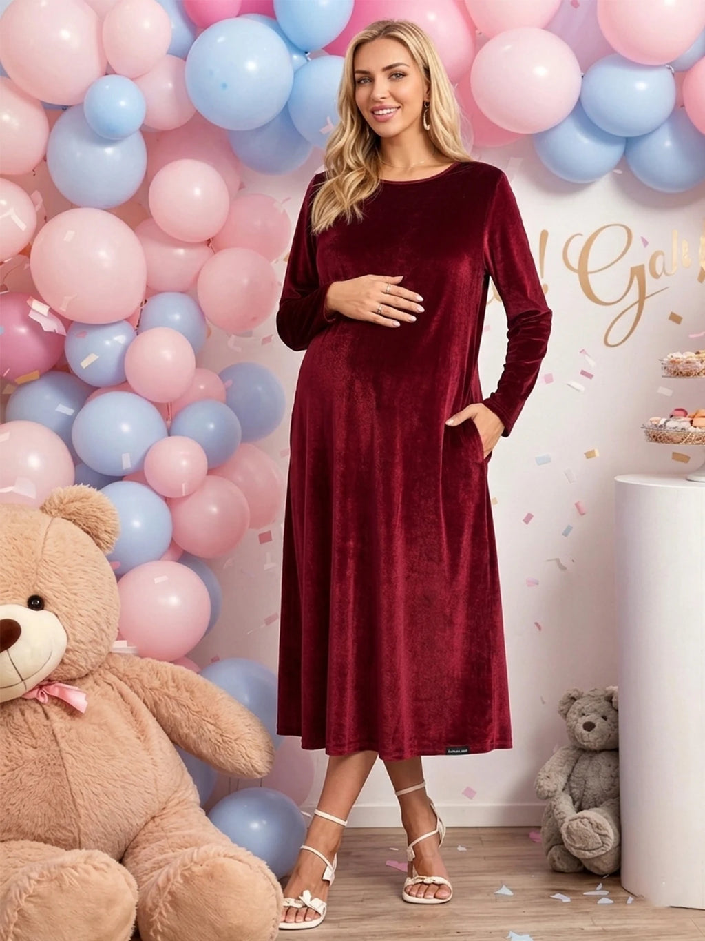 Maternity Autumn Winter Golden Velvet Pocket Long Sleeve Dress Formal Party Gala Long Dress Burgundy Maternity