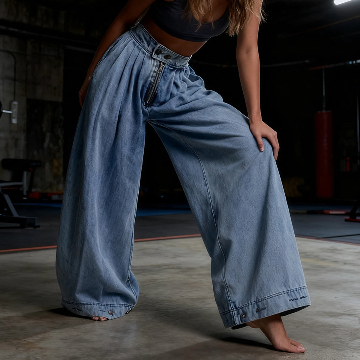 Women Y2k Loose Fit Denim Harem Long Pants Button Zipper High Waist Pleated Bloomers Wide Leg Baggy Trousers with Pockets