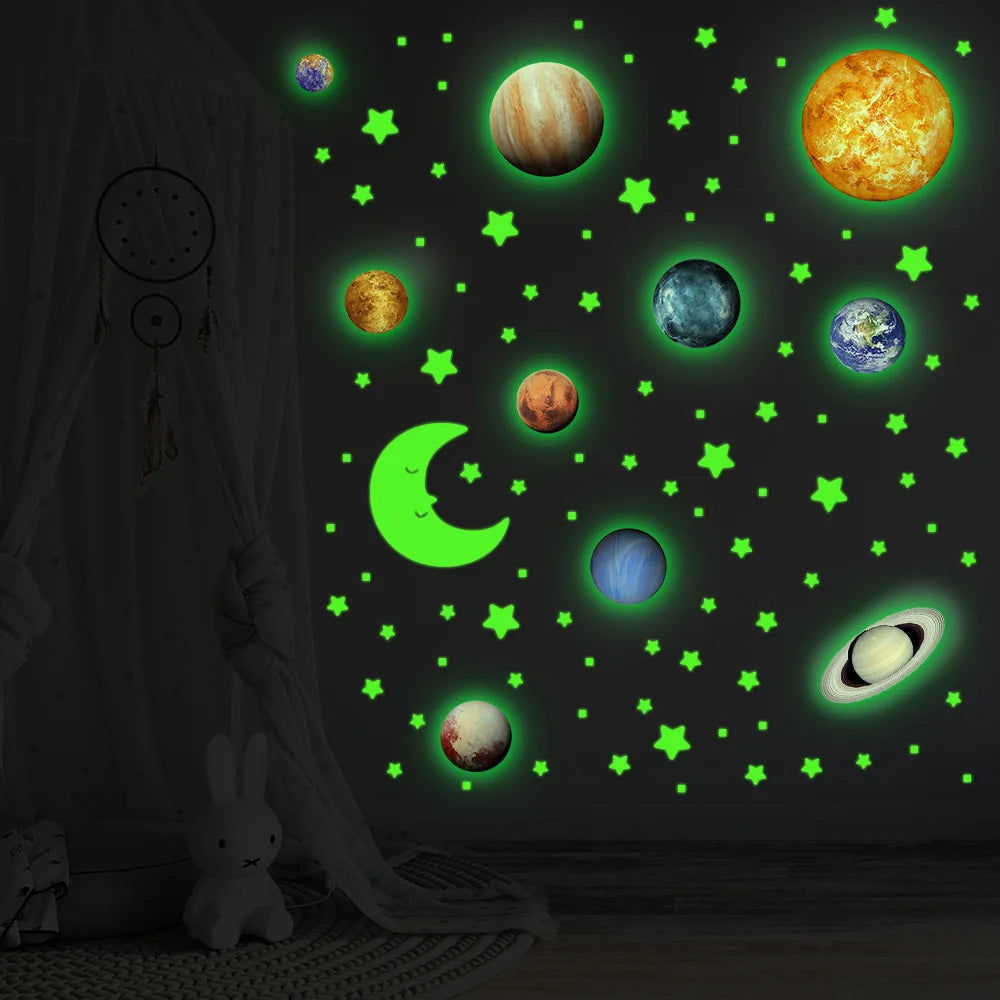 Glow in The Dark Planets Wall Stickers Kids Bedroom DIY Luminous Stars Decals Mural Self-adhesive Room Ceiling Aesthetic Decor