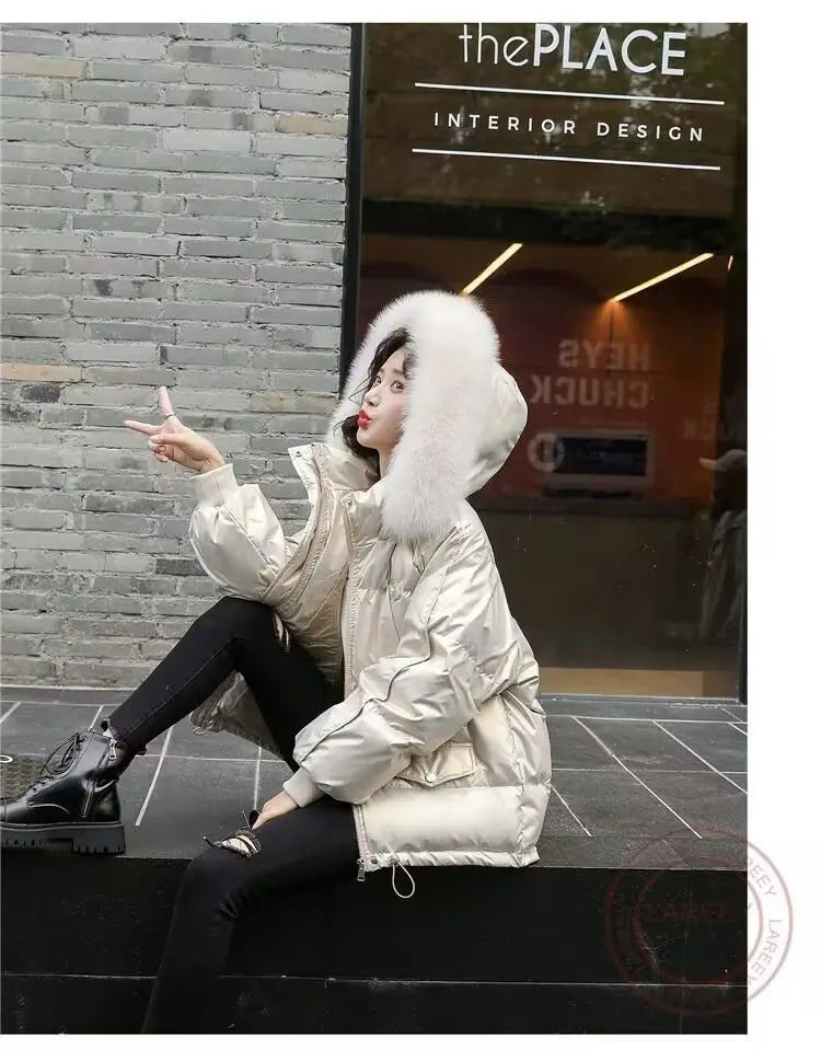 2026 Winter Fashion New Warm Duck Down Jacket Women's Clothes Glossy Fur collar Thicken Parka Short Down Coat Female Trend