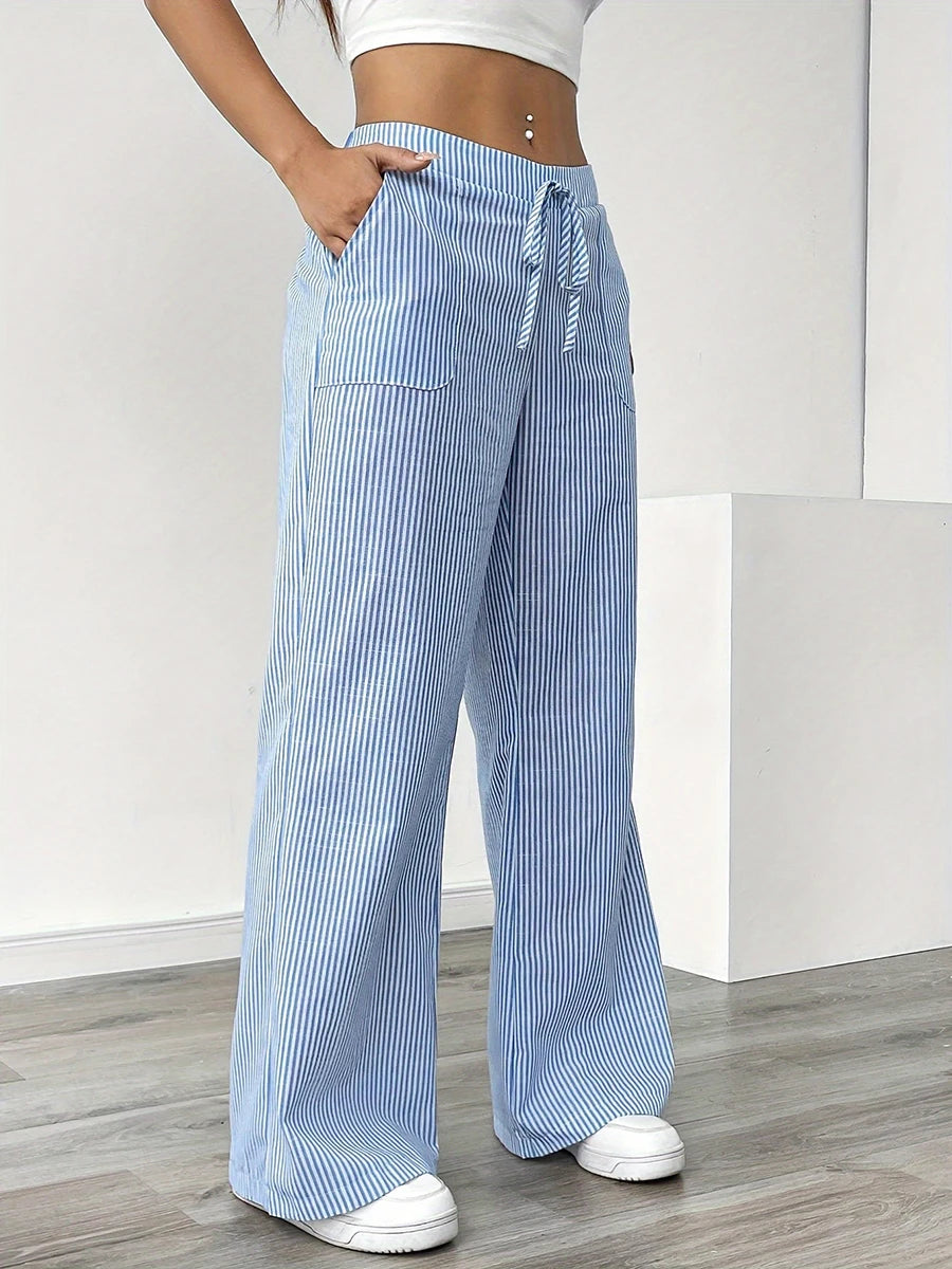 Women's Vertical Striped Wide Leg Pants High Waist Drawstring Loose Casual Trousers Autumn Elastic Waist Trousers with Pockets