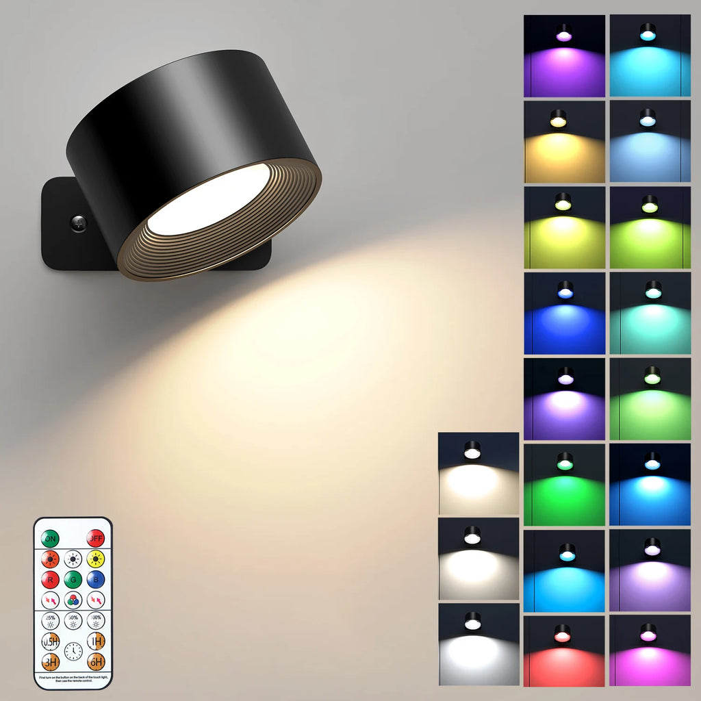 RGB Wall Lights with Remote and 19 Colors, 360° Rotation & 2000 mAh Battery, Dimmable Brightness &Touch Control for Bedroom/Gift