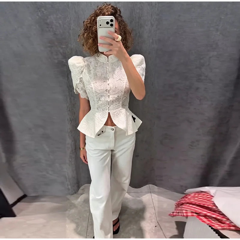 Lace Cutout Peplum Jacket Stand Collar Puff Sleeve Button Front Waist Cinched 2026 Summer Autumn Fashion Women Elegant Top