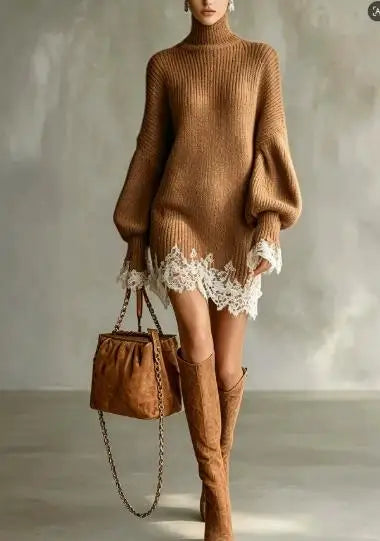 Women's Knitted Lace Splice Mini Dress Elegant Turtleneck Solid Fashionable Spring Autumn Vintage Casual Retro Loose Dress