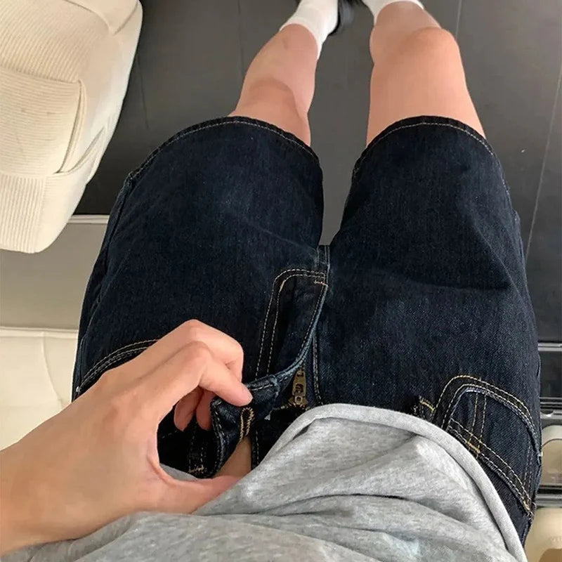 Retro Blue Straight Denim Shorts Women Summer 2026 High Waist Short Jeans Woman Korean Loose Wide Leg A-Line Hot Shorts Female