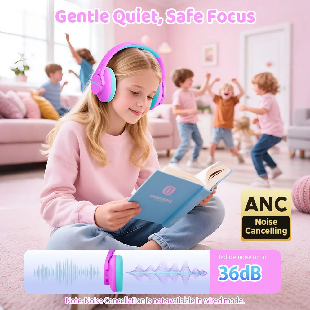 ANC Kids Wireless Headphones Noise Cancelling Bluetooth Earphones For School Travel Soundproof Headset Kids Protection Hearing