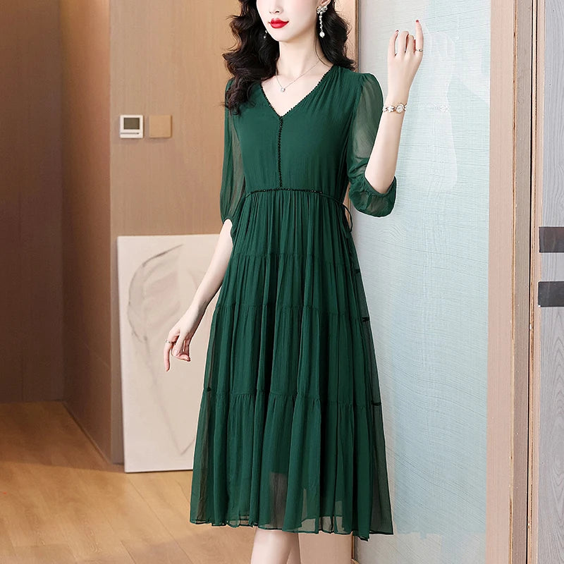 Women's Vintage Solid Elegant Evening Prom Dress Spring Holiday Boho Hepburn Vestidos 2025 Summer Luxury Silk Casual Midi Dress