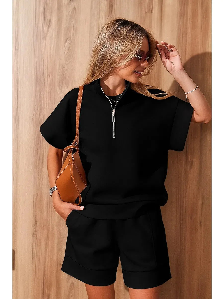 2026 Summer New Long-sleeved Shorts Sweater Set Solid Color Fashion Casual Short 2-piece Set