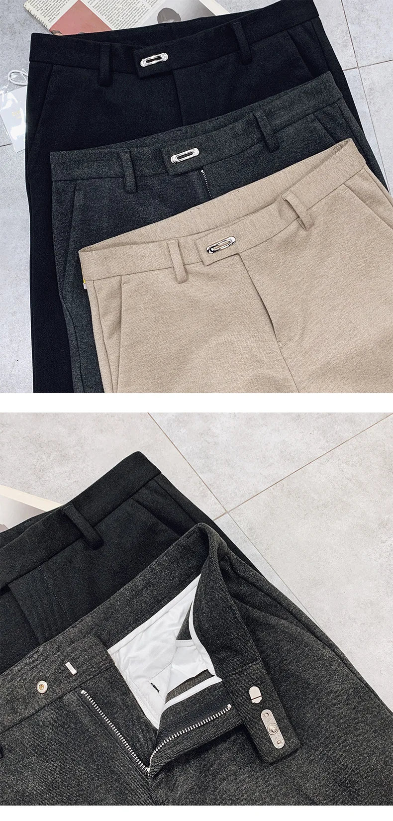 Autumn Winter Thickened Woolen Suit Pants Men Casual Slim Fit Straight Trousers Formal Business Woolen Social Office Warm Pants