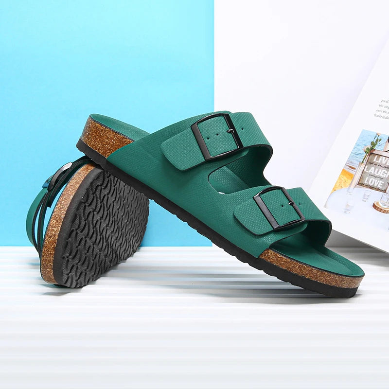 Summer Men Women Cork Slippers Clogs Microfiber Leather Slides Casual Slip On Sandal Double Buckle