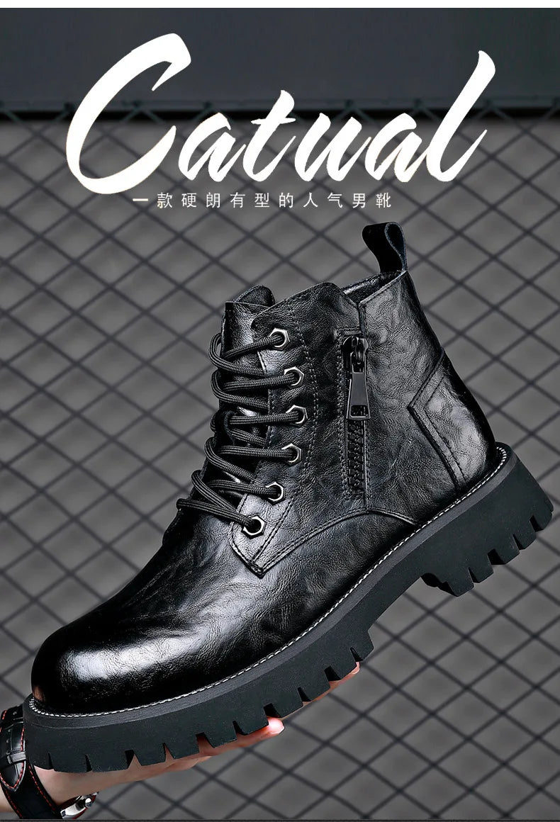 2025 autumn and winter boots men's British style versatile high top leather shoes workwear snow leather boots men's short boots