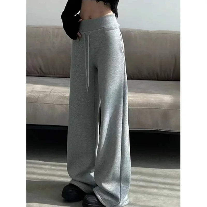 Women High Waist Drawstring Wide Leg Sweatpants Casual Loose Solid Color Straight Trousers Soft Sports Jogger Pants Streetwear