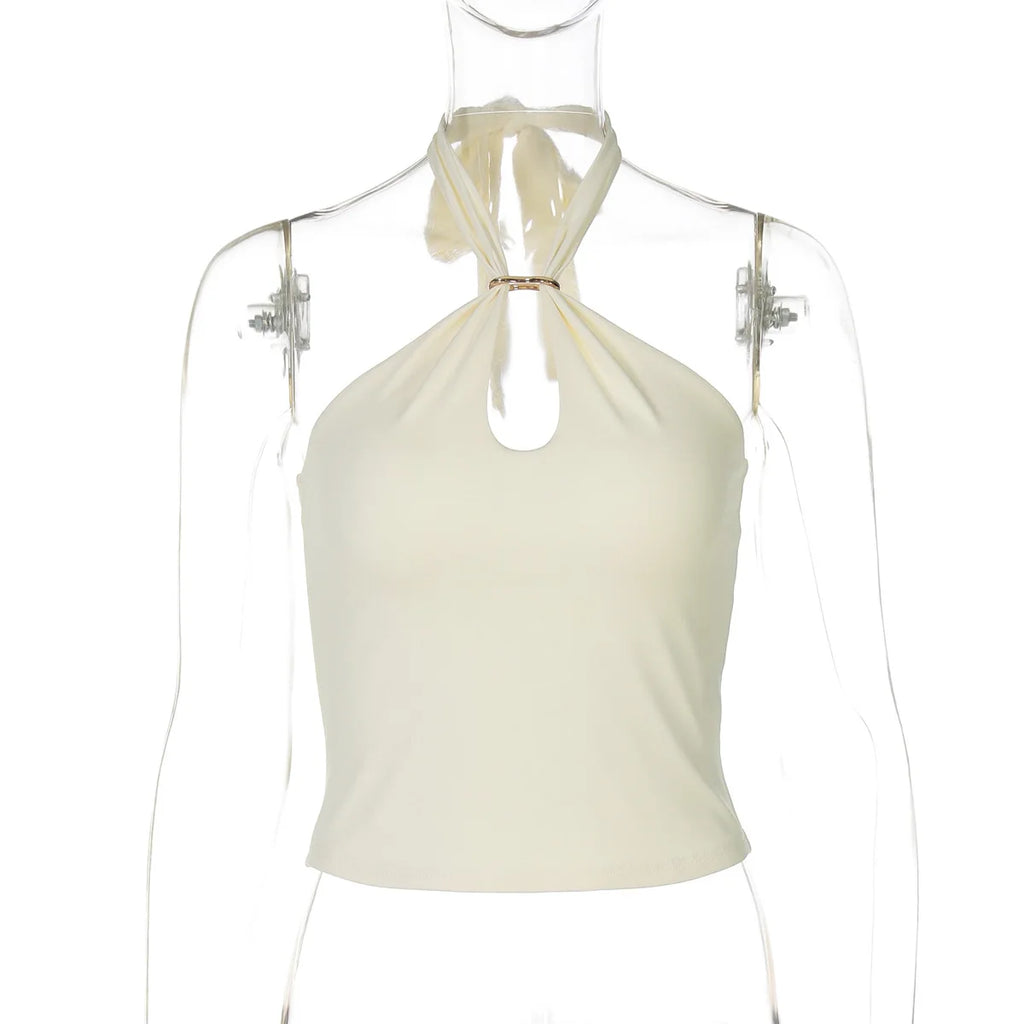 Women Fashion Halter Solid Loop Backless Bandage Sexy Crop Tank Top 2026 Summer Casual Clothes Streetwear Vacation Club Style
