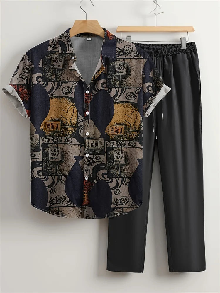 2025 Autumn Simple Solid-color Shirt 2 Pieces Long Pants Set, Urban Street Fashion Simple Men's Shirt And Long Pants Set