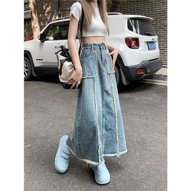 Women's Tassel Denim Long Skirts, Vintage Pocket, A-line Jeans Skirt, High Waist, Women's Fashion, Spring, S-5XL