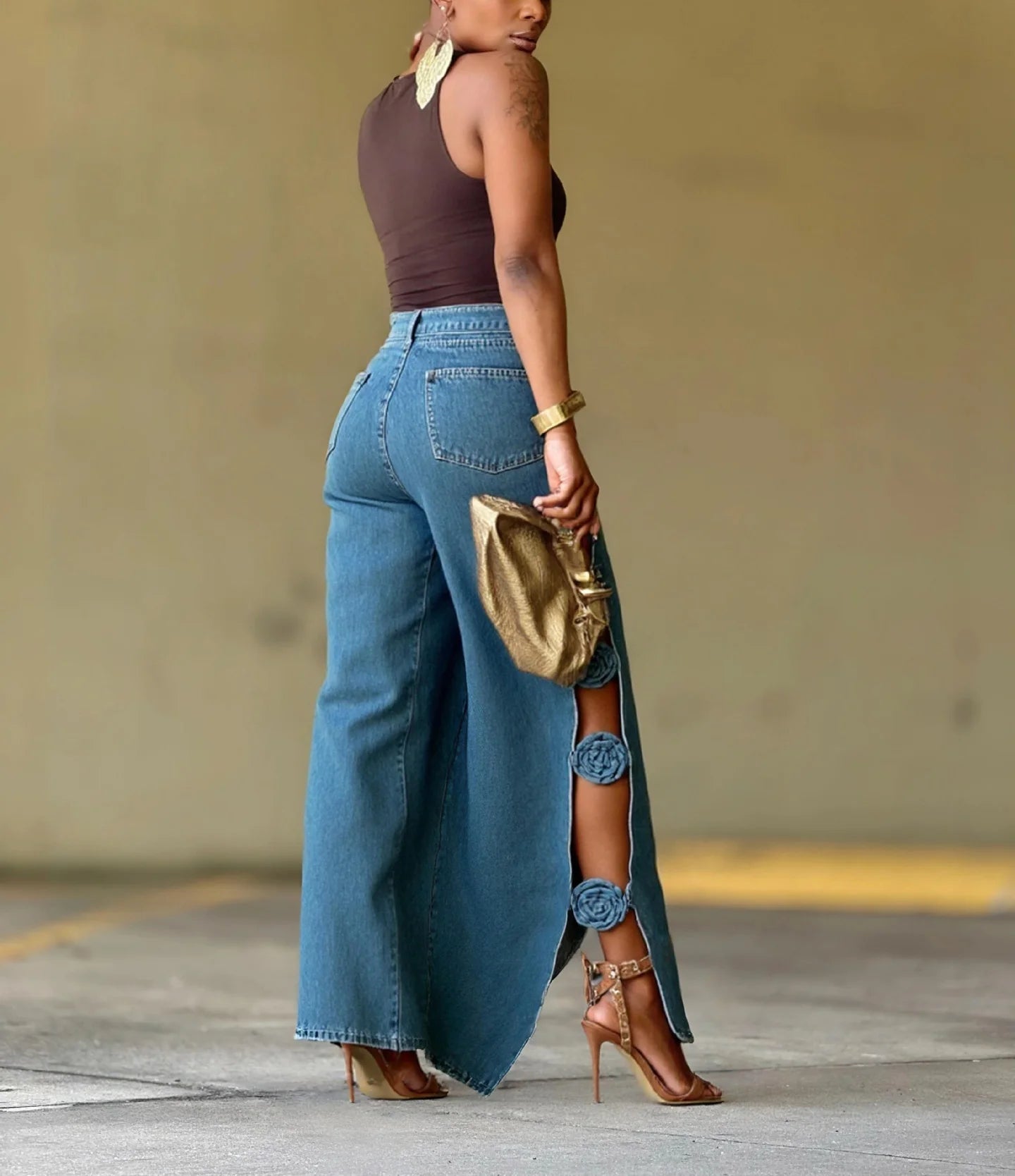 New Women's Jeans Patchwork High Waist Washed Distressed Loose Wide Leg Trousers Fashion Hollow Out Streetwear Retro Denim Pants