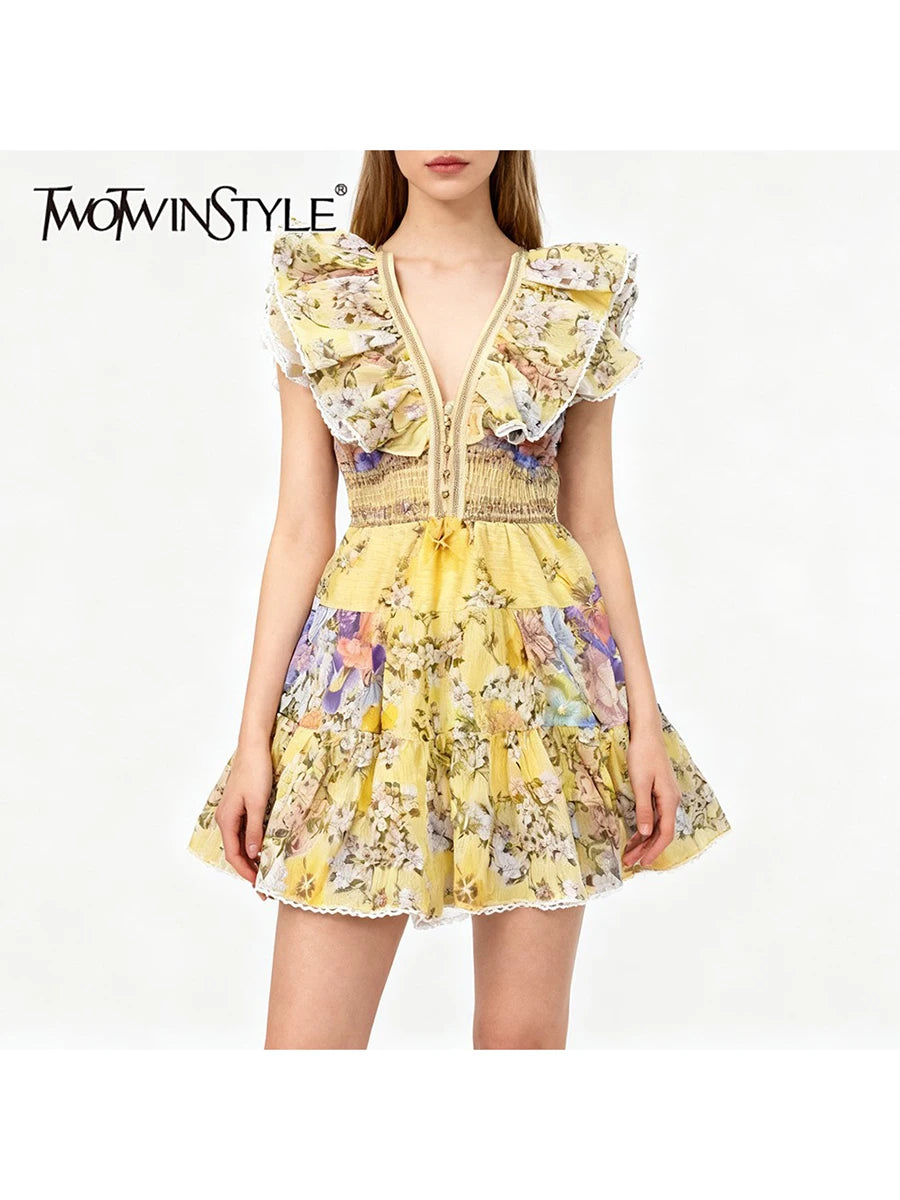 TWOTWINSTYLE Slimming Printing Spliced Ruffles Folds Elegant Dresses for Women V Neck Sleeveless High Waist Dress Female Clothes