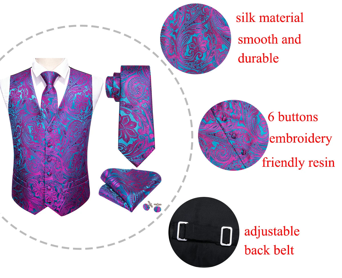 Designer Vest for Men Purple Embroidered Silk Waistcoat Tie Pocket Square Set Wedding Formal Male Suit Party Barry Wang