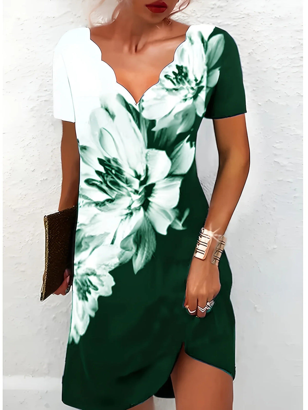 Women Floral Print Dress Wavy V Neck Short Sleeve Casual Summer Party Dresses Ladies Loose Tunic Dress