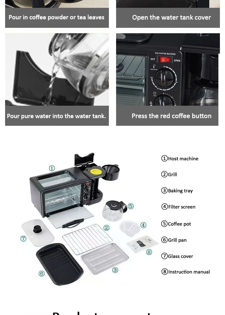 Multifunctional 110V/220V 3 In 1 Breakfast Machine Mini Toaster Oven with Timer