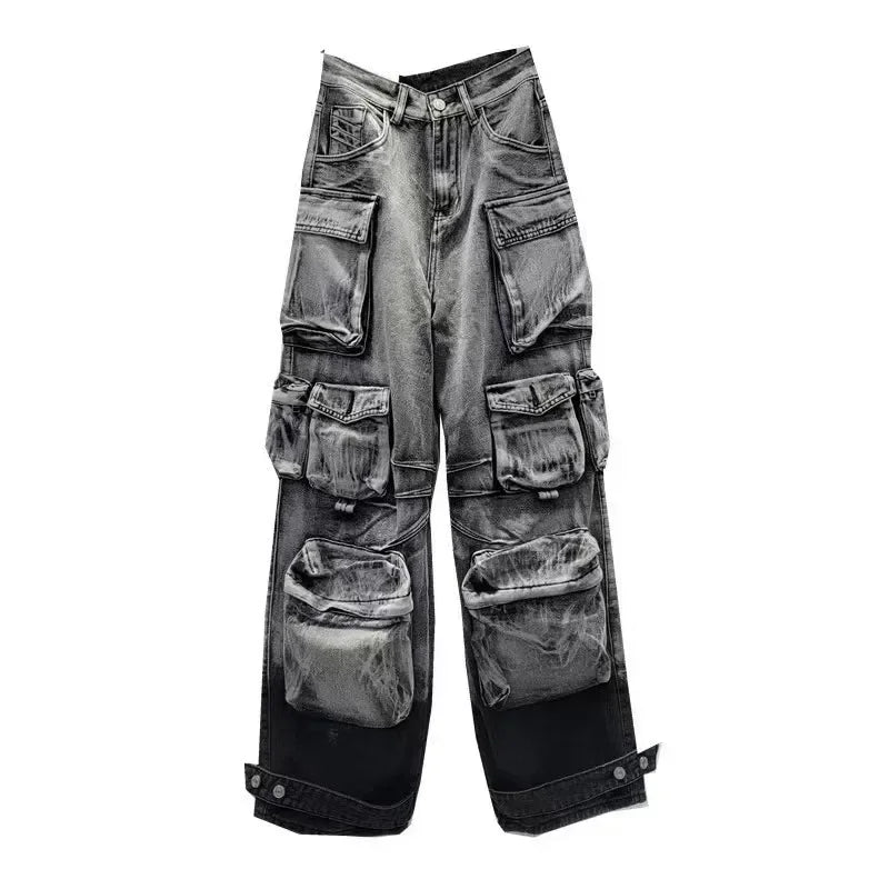 Jeans Women Denim Distressed Multi Pocket Y2k Streetwear Cargo Pants Casual High Waist Zipper Fly Winter Gradient Mom Jeans