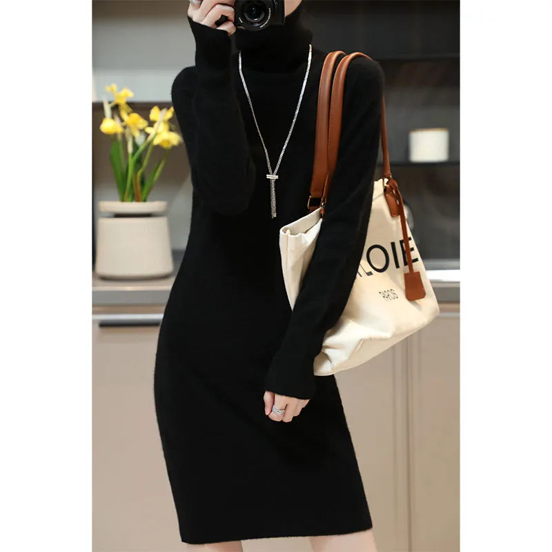 Elegant Cashmere Sweater Womens Dresses 100% Merino Wool Autumn Winter Turtleneck Knitted Dress Female Casual Long-Sleeve Skirts