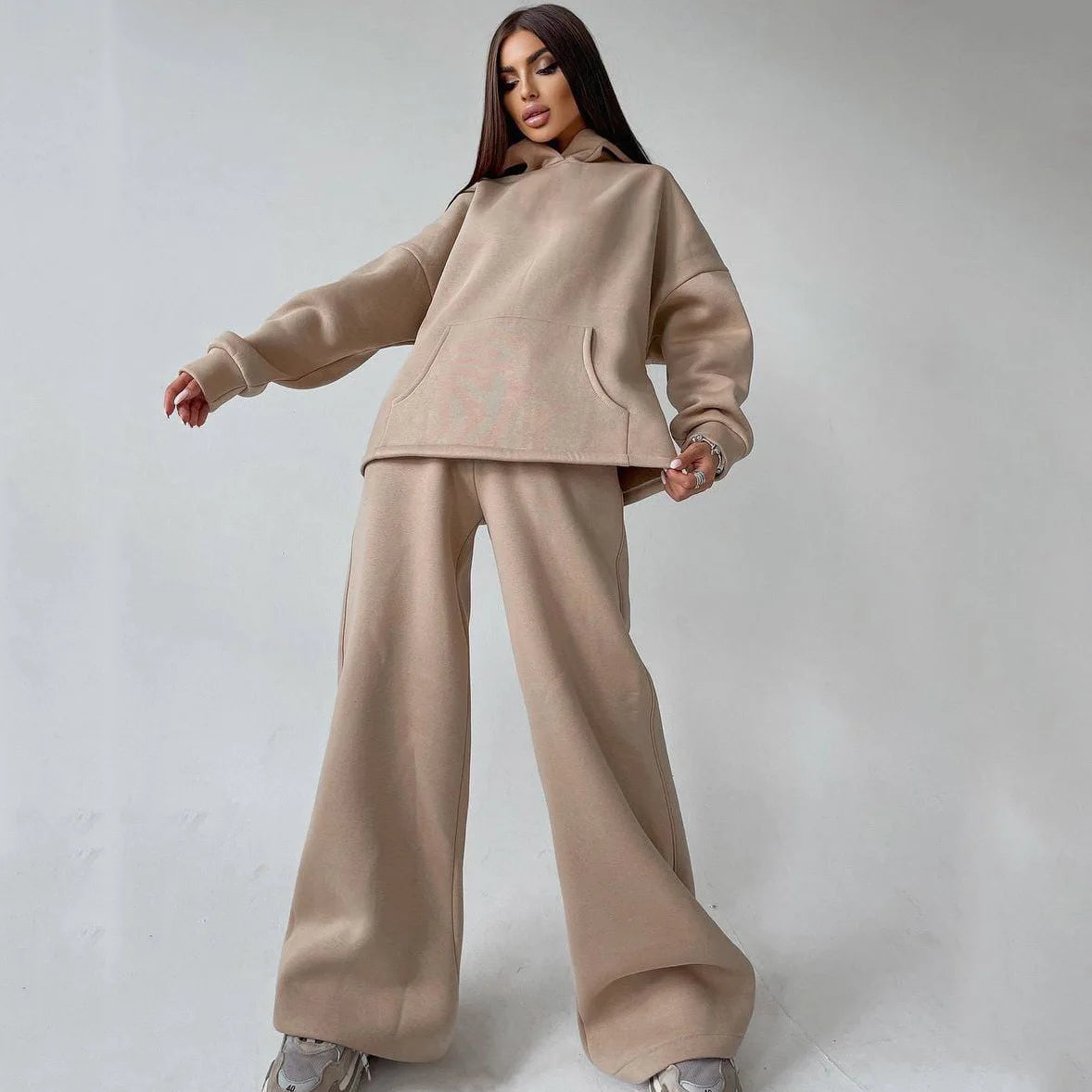 Woman's Solid Color Hooded Sweatshirt Pant Two-piece Set Fashion Long Sleeves Pocket Pullovers Pants Suits Ladies Loose Outfit