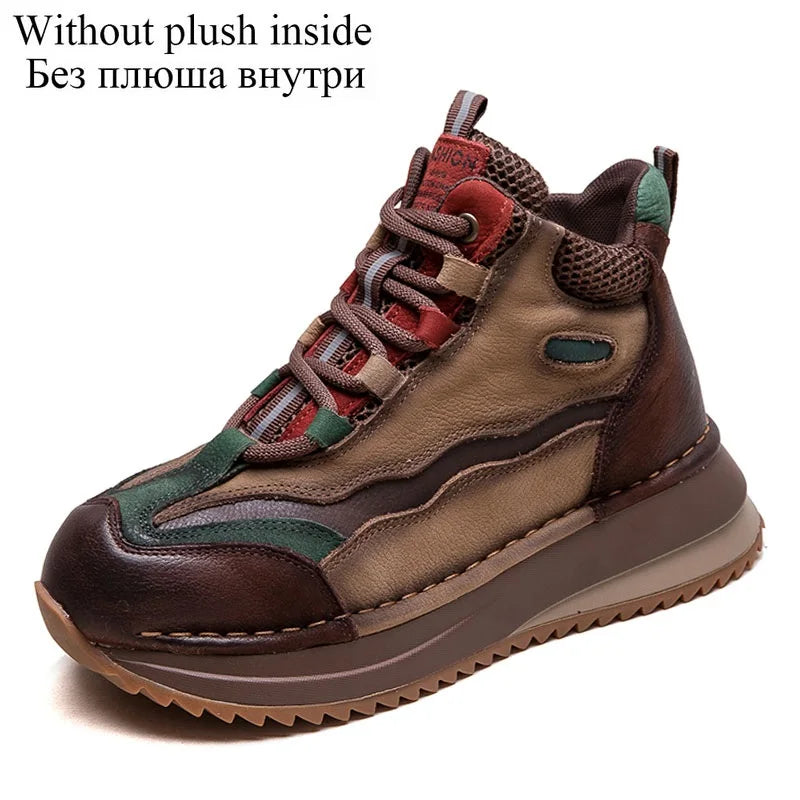 DRKANOL 2026 Women Boots Autumn Winter Mixed Colors Genuine Cow Leather Warm Ankle Boots Ladies High Top Casual Sneakers Shoes