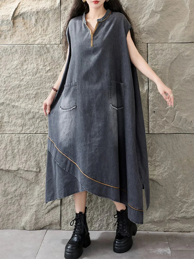 Amax LuluE Korean Summer Long Clothes Womens Fashion Loose Denim Dresses Ladies Classic Casual Big Size Elegant V Neck Vestidos