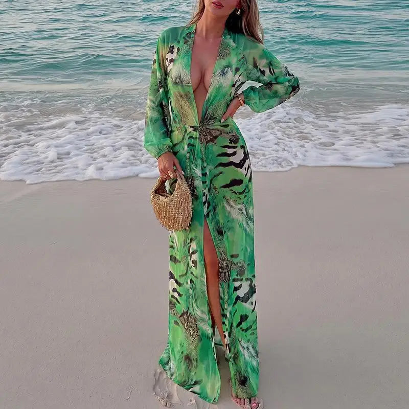 Animal Print Wrap Maxi Dress V Neck Sleeve Twist Waist High Slit Long Gowns Women's Resort Vacation Party Robes 2026 New Arrival