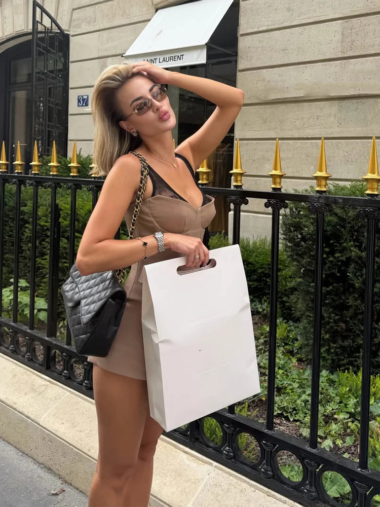 Women's Solid Boned Waist-Cinching Spaghetti Strap Mini Dress Lace Spliced V-Neck Lace Hem Dress 2026 Summer Lounge Date Gown