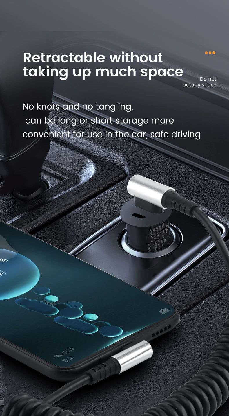 90 Degree Elbow Spring Cable USB Type C 6A Fast Charging 0.35-1.6M Retractable Data USB C To Type C Cable For iphone 15 Android