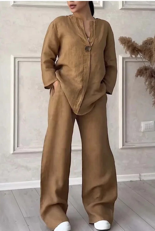 Spring Autumn Fashion Cotton And Linen Solid Two Piece Set Women Causal Loose V-neck Top Wide Leg Pants  2 Piece Sets Woman