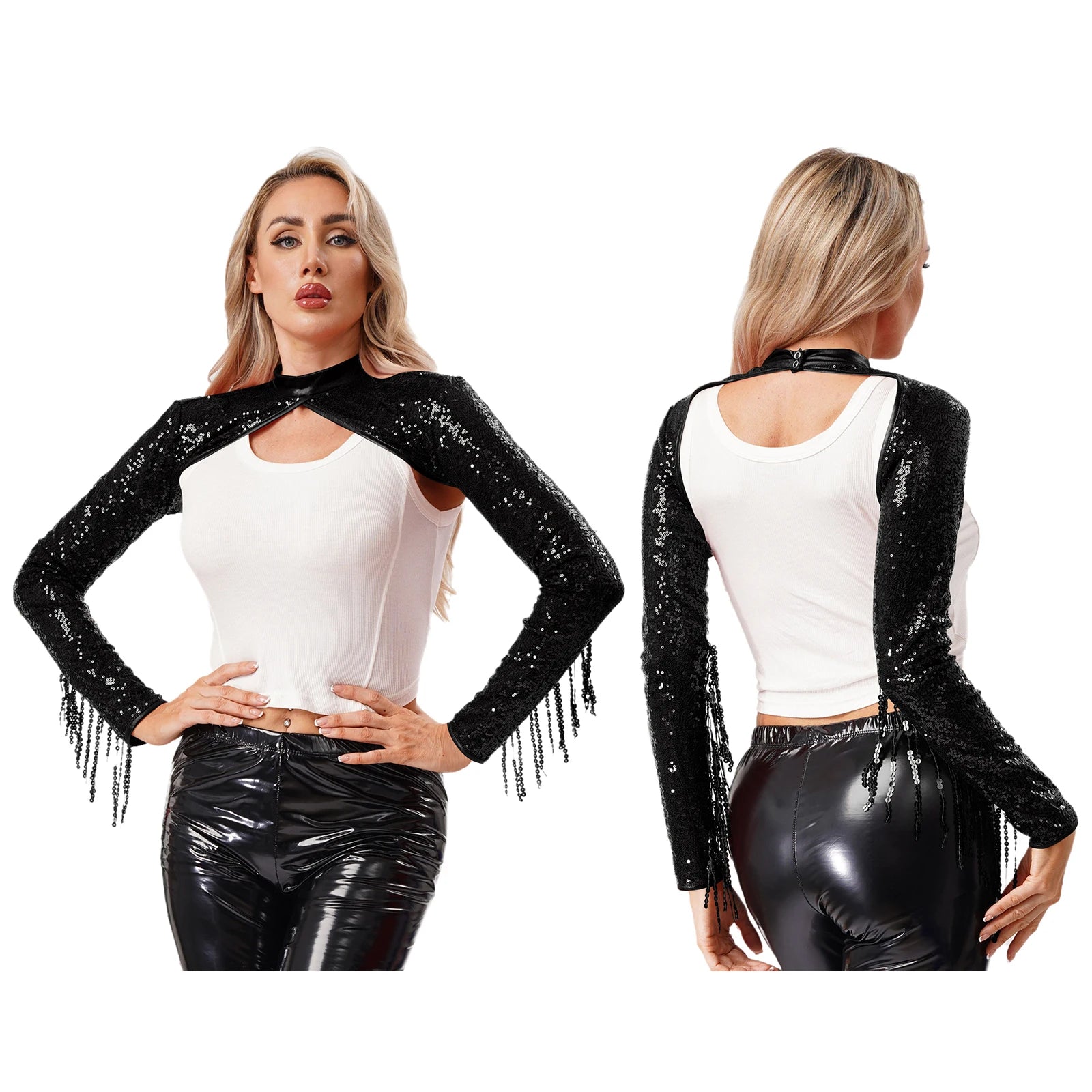 Womens Glitter Sequin Fringe Bolero Long Sleeve with Tassel Allover Sequin Shrugs Shawls Cropped Cardigan for Music Raves Party