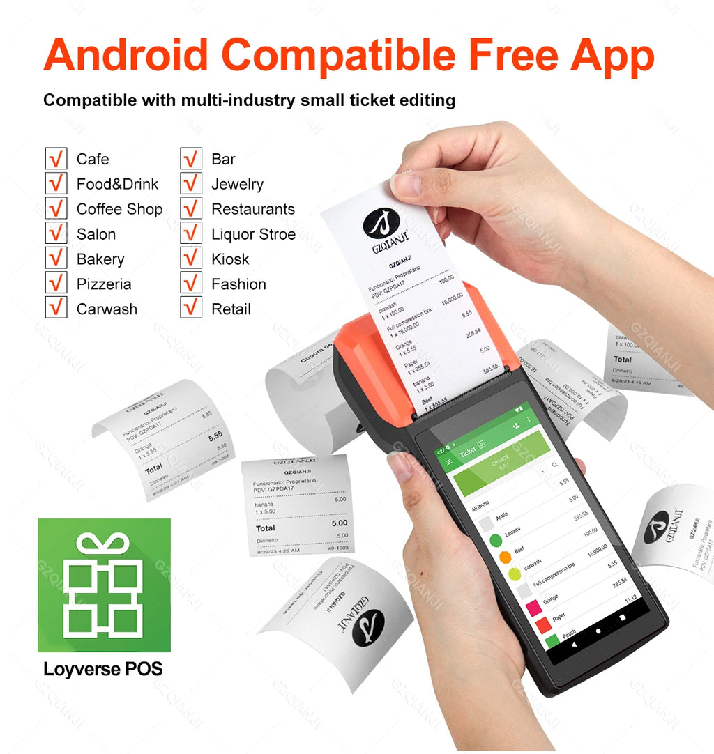 Intelligent Mobile Handheld PDA Terminal Receipt Printer 5.5'' Touch Screen Wireless Connectivity 1D/2D Reader Android 13/14