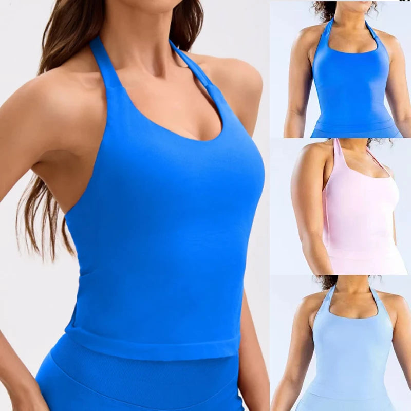 1DF-CY Women Seamless Halter Yoga Crop Top High Elastic Sports Bra Fitness Workout Gym Running Breathable Activewear Tank Top