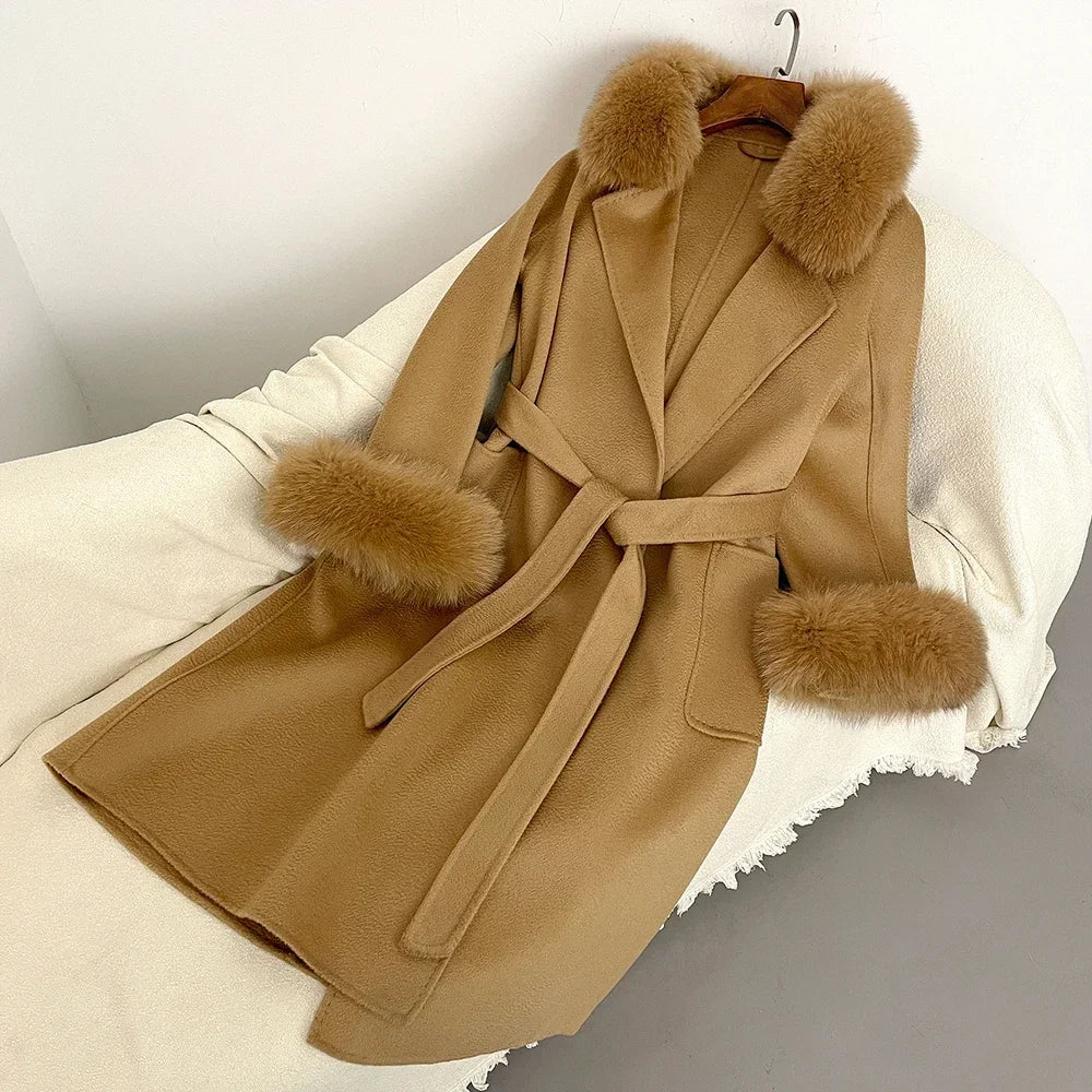 Fox Fur Coat for Women Wool Woolen Natural Real Fox Fur Collar Winter Jacket Ladies Belt Warm Outerwear Streetwear 2024