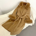 Fox Fur Coat for Women Wool Woolen Natural Real Fox Fur Collar Winter Jacket Ladies Belt Warm Outerwear Streetwear 2024