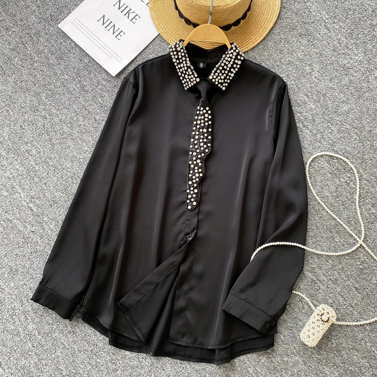 Luxury Rhinestone Turn down collar shirt for women 2025 New Shiny Satin Tie blouse Loose Black White Elegant Tops INKEO 5T031